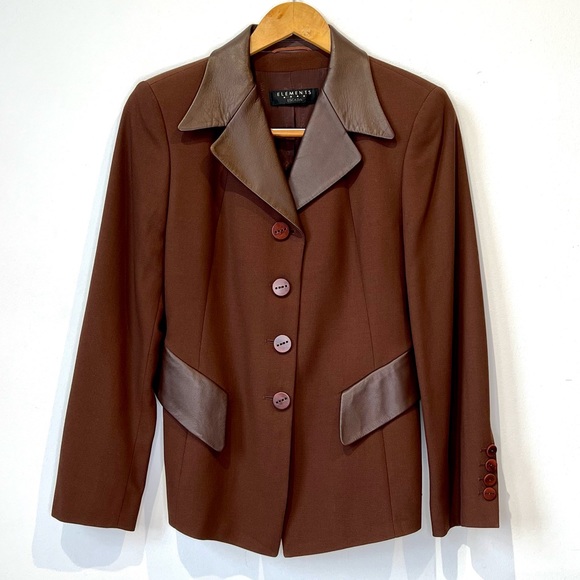 ESCADA Elements/Vintage women's blazer with Leather Trim and Wooden Buttons sz 6 - Picture 3 of 15